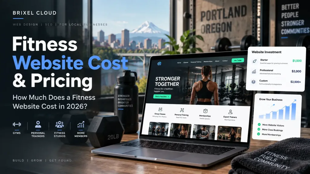 Fitness website cost guide showing a gym website on laptop and mobile screens